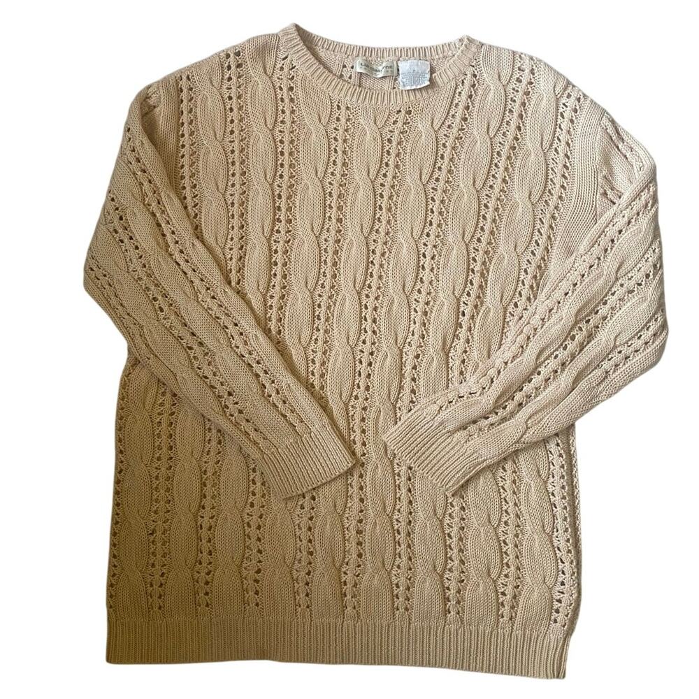 80s Vintage Cotton Cableknit Sweater Size Small Taupe Open Neutral Granola Girl